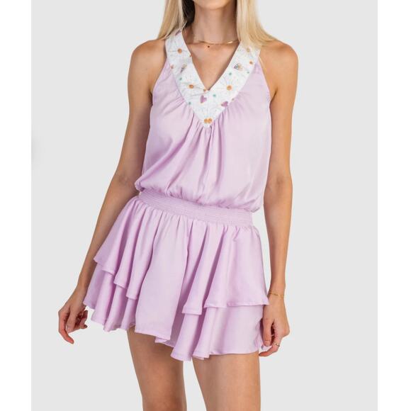 KOCH Haley Lavender Polysatin Sleeveless Dress Printed Neckline M - Picture 1 of 12